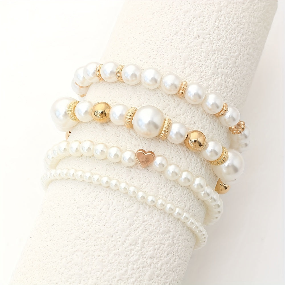 Elegant 4-Piece Faux Pearl Bracelet Set – Handmade Beaded Jewelry