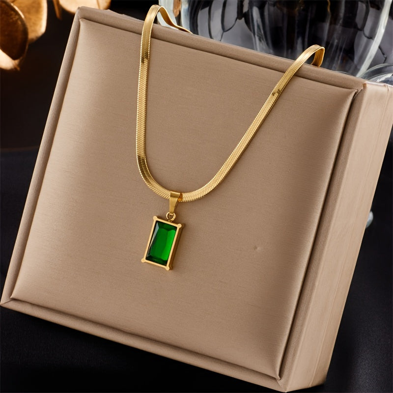 Green Synthetic Zirconia Necklace & Earring Set – Stainless Steel Jewelry for Women