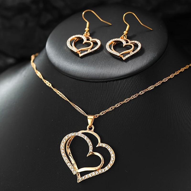 1 Pair Earrings & Necklace Set – French Romantic Heart Jewelry, Silver or Gold