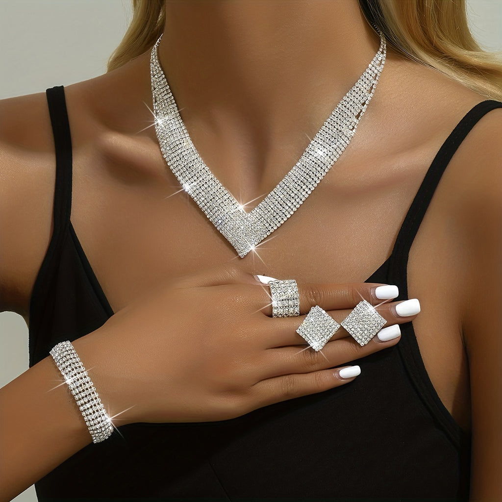 5pcs Women’s Silver-Plated Jewelry Set – Earrings, Necklace, Bracelet & Ring