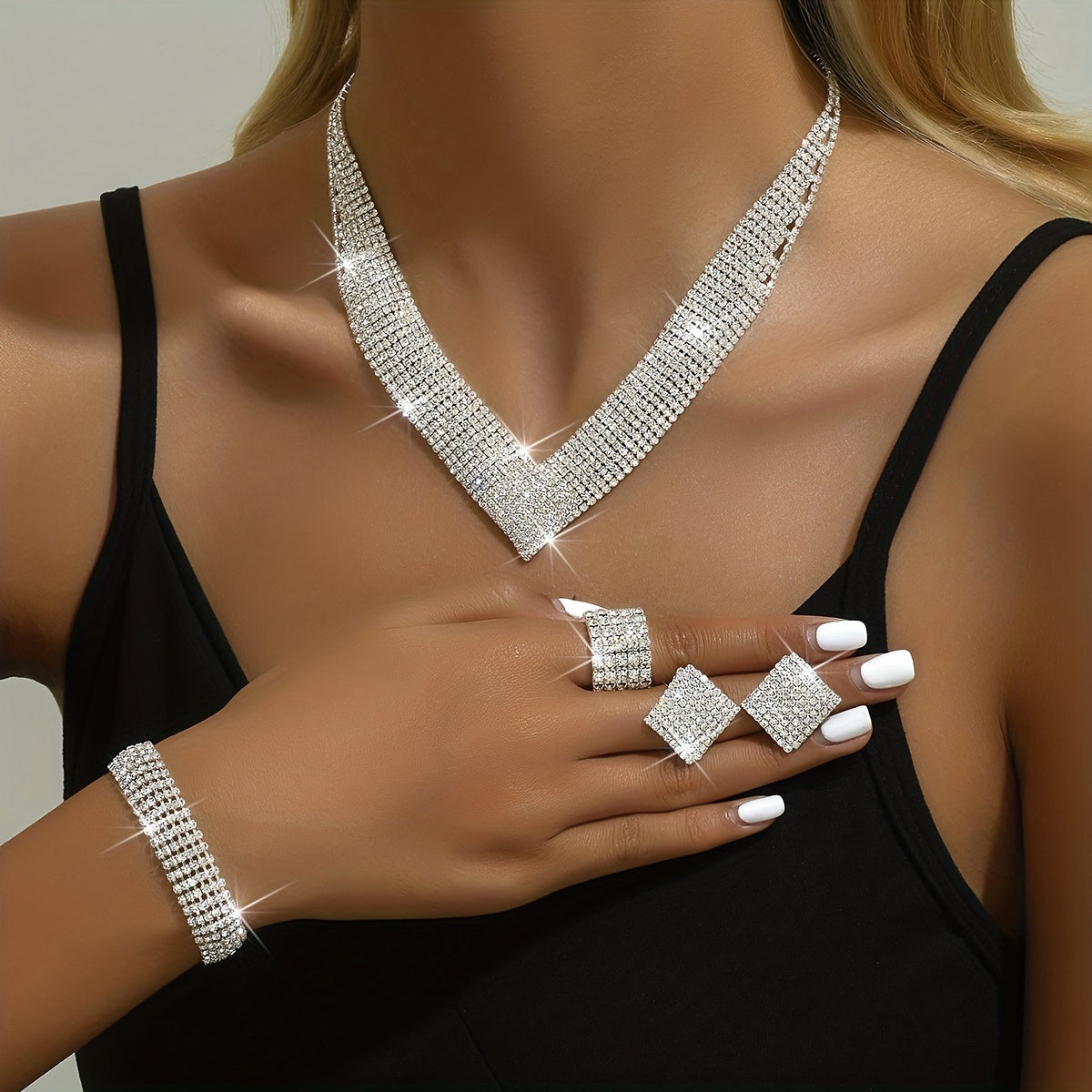 5pcs Women’s Silver-Plated Jewelry Set – Earrings, Necklace, Bracelet & Ring