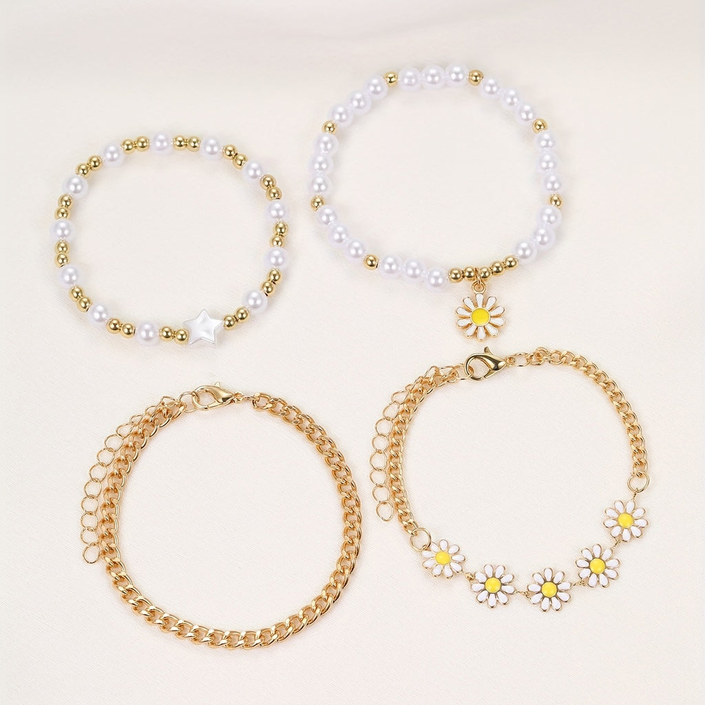 4PCS Daisy Flower & Pearl Bracelet Set – Delicate Hand Jewelry for Women