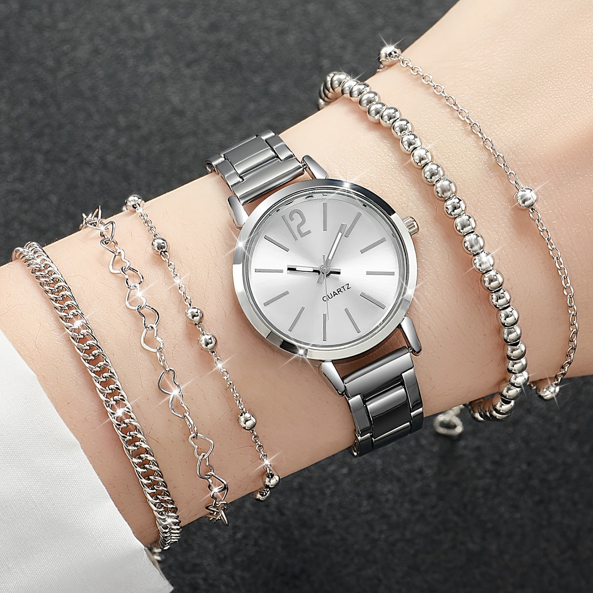 5pcs Women’s Stainless Steel Silver Quartz Watch & Beads Bracelet Set