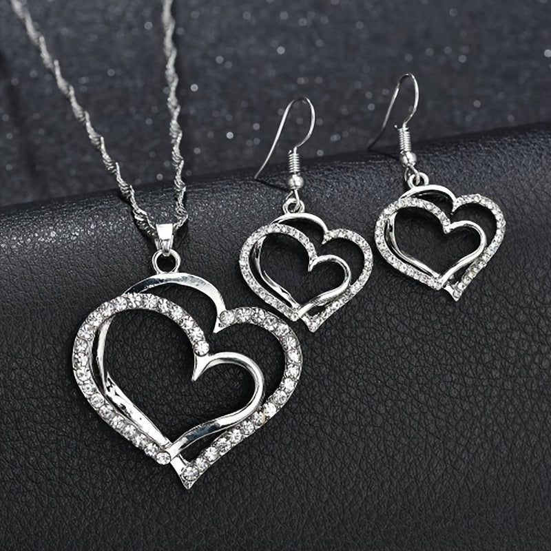 1 Pair Earrings & Necklace Set – French Romantic Heart Jewelry, Silver or Gold