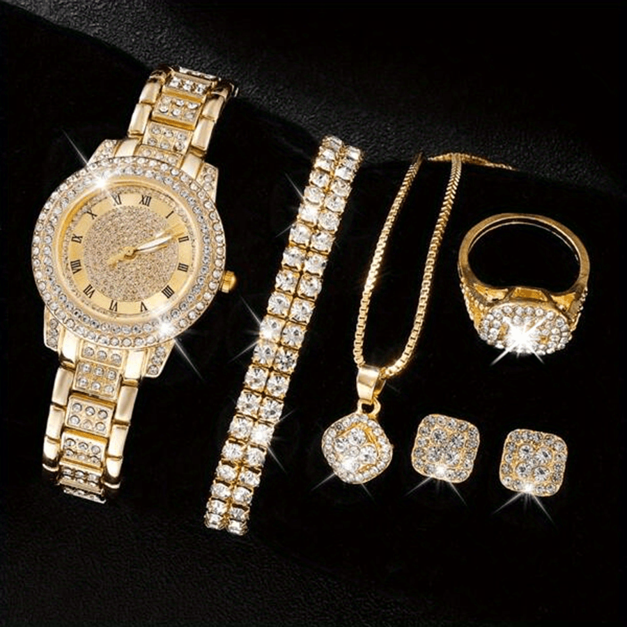 Ladies’ Quartz Watch & 6-Piece Jewelry Set – Elegant Timepiece & Accessories