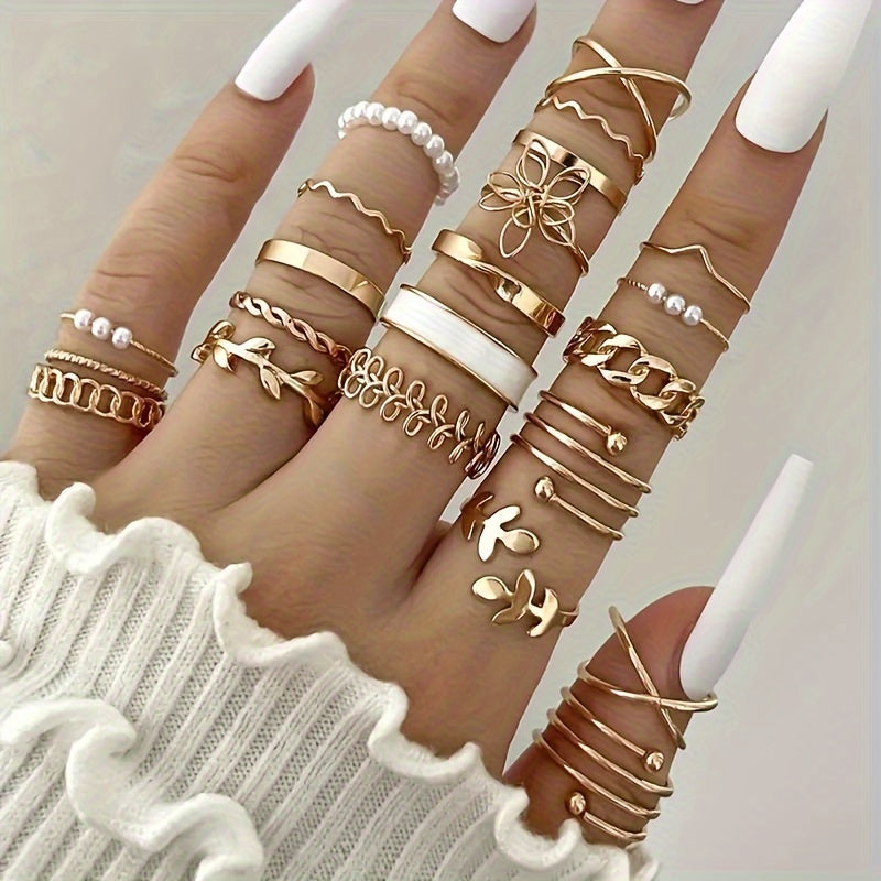 22-Piece Women’s Stacking Rings Set – Elegant Leaf & Flower Design, Gold & Silver