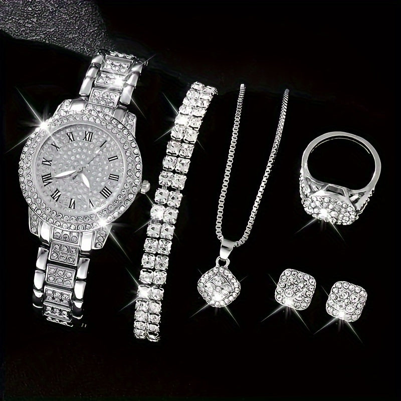 6-Piece Women’s Luxury Rhinestone Quartz Watch Set – Stylish Analog Jewelry