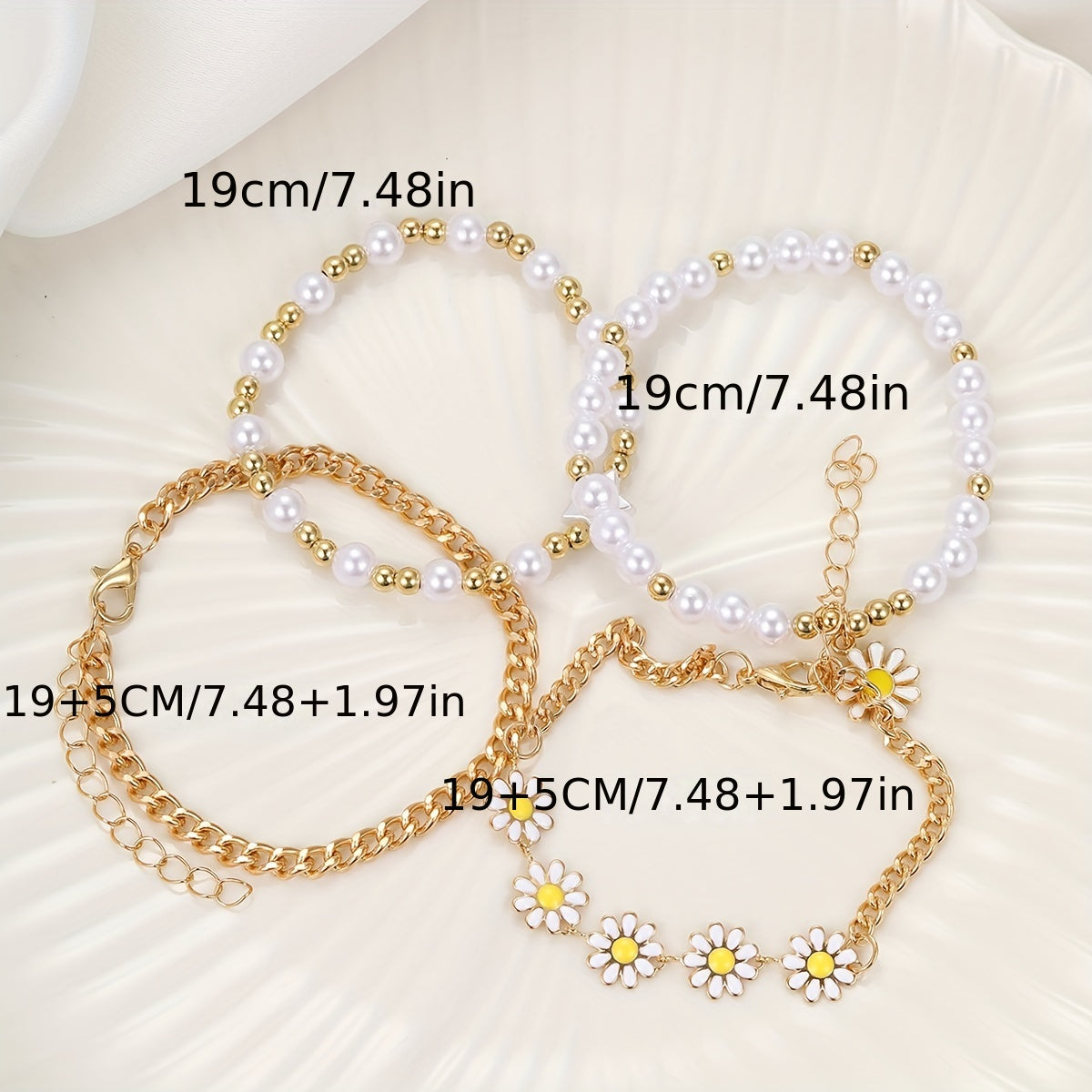 4PCS Daisy Flower & Pearl Bracelet Set – Delicate Hand Jewelry for Women